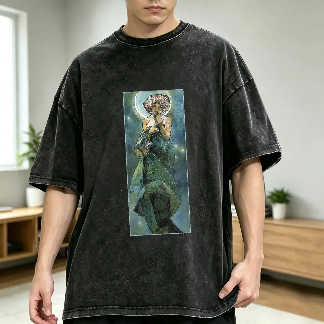 washed T Shirt Alphonse Mucha Clair de Lune long or short sleeves vintage Washed Versatile Comfortable graphic Soft Stylish