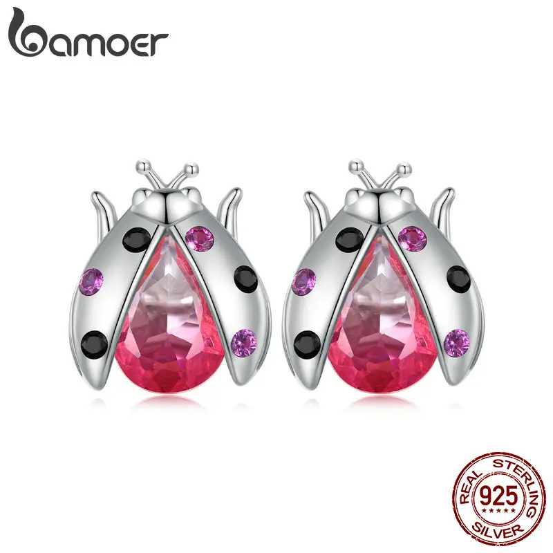 

Bamoer 925 Sterling Silver Gradient Pink Ladybug Stud Earrings Insect Earrings for Women Party Platinum Plated Fine Jewelry