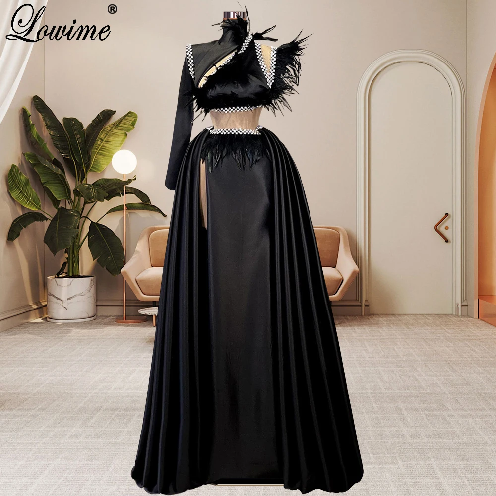 Two Pieces Black Special Celebrity Dresses For Women 2023 One Shoulder Feathers Red Carpet Runway Dresses Vestido Feminino