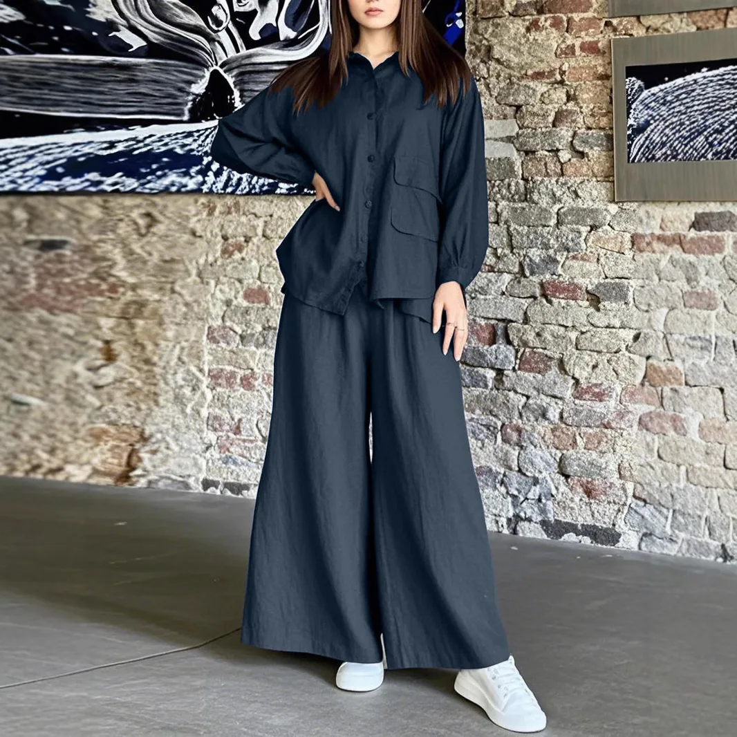 

Botton Line Wide Leg Pants Two Pieces Sets Women Casual Loose Long Sleeve Shirts Outfits Spring Summer Shirt Pants 2 Pieces Sets
