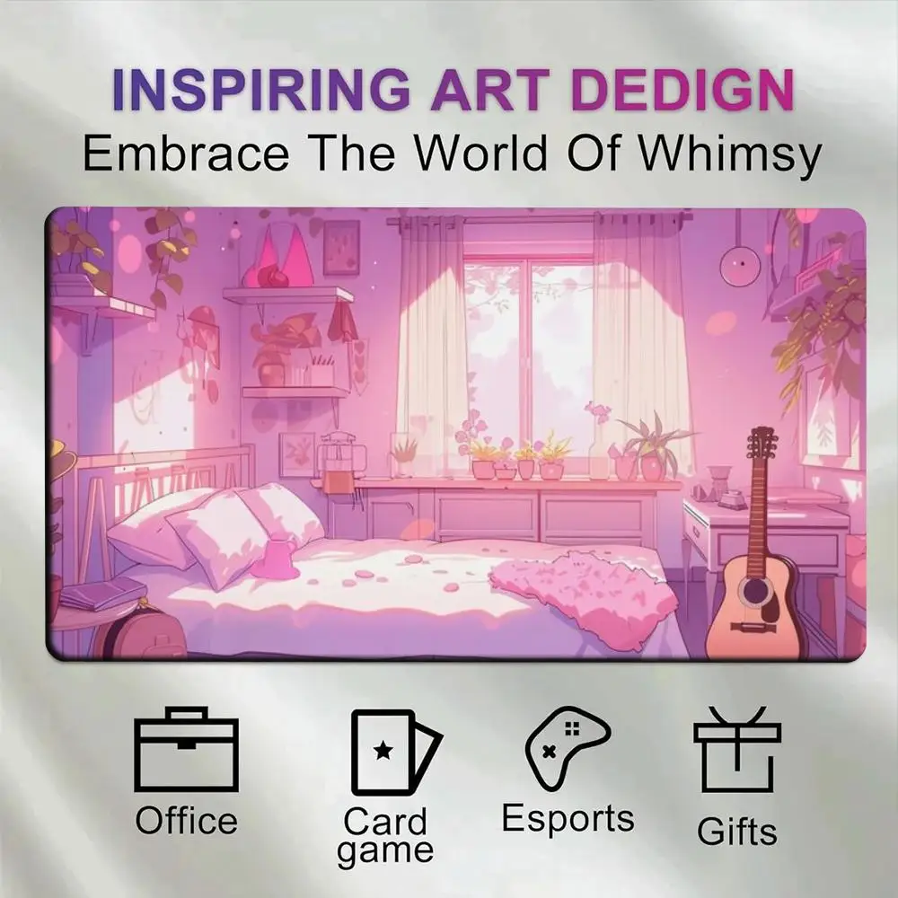 Pastel Pink Anime Bedroom Desk Mat XXL Cozy Lofi Aesthetic Room Bed Guitar Plants Sunlit Window Soft Purple Pink Art Non Slip