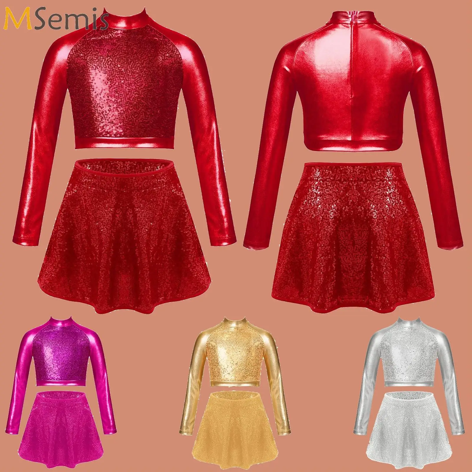 

Kids Girls Jazz Hip Hop Street Dance Costume Sparkly Sequins Crop Top with Mini Skirts Set for Stage Performance Competition