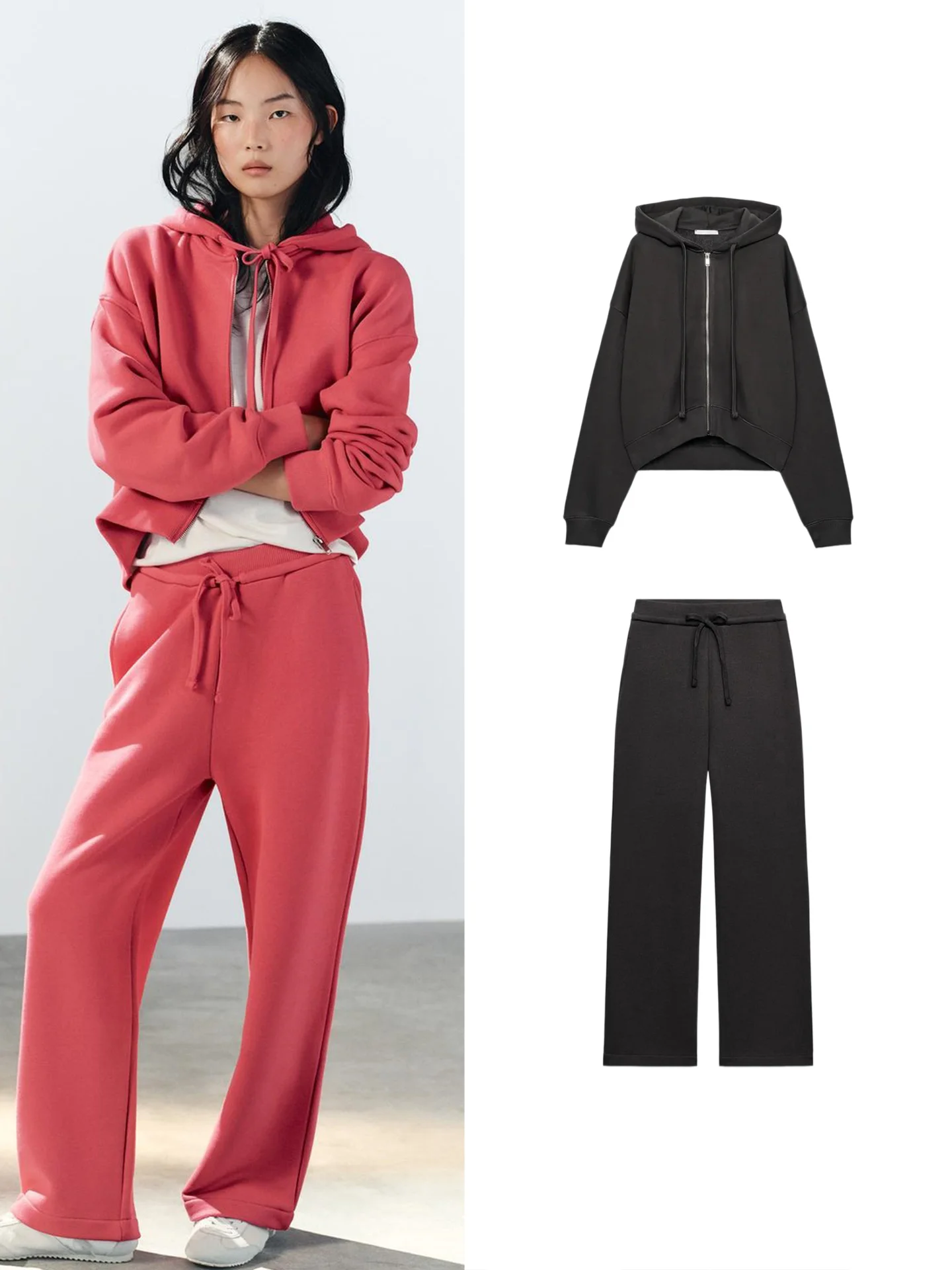 Long Sleeve round Neck Hoodie with Zipper 3199800 mid Waist Knot Casual Pants 3199801 Fashionable Two Piece Set for...