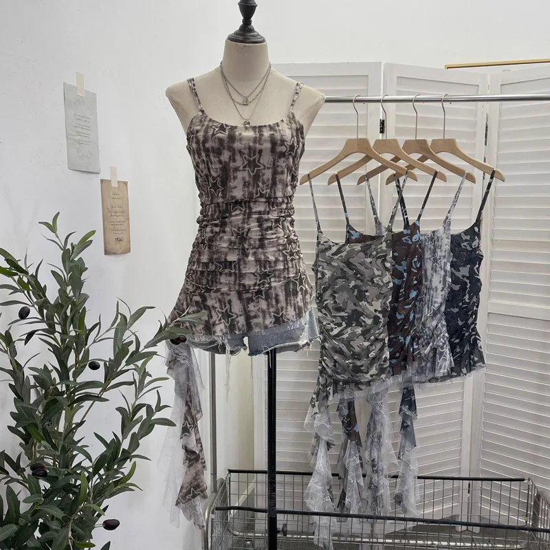 Women's Printed Mesh Spaghetti Strap Top Low Cut Ruched Spliced Lace Single Side Streamer Slim Fit Sleeveless Blouse 1603