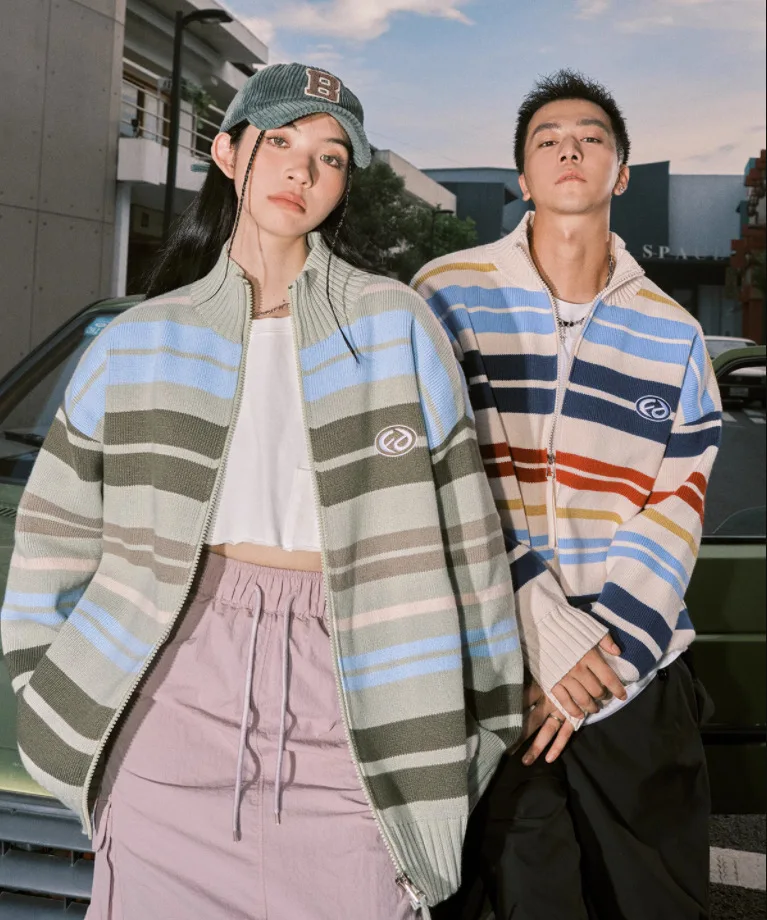 

Korean Dopamine Vintage Stand Collar Zipper Inwrought Oversize Sweater Autumn Winter Y2K Striped Contrast Color Knitted Cardigan