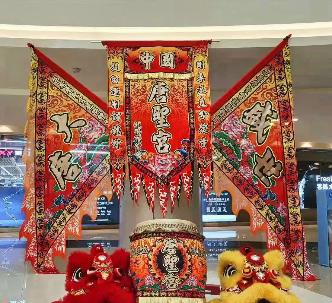 

96cm* 64cm Lion Dance 3 pcs Flag size 5 double-layer satin 2 triangle 1 rectangle Ceremony Banner DecorDoor Festival Carnival
