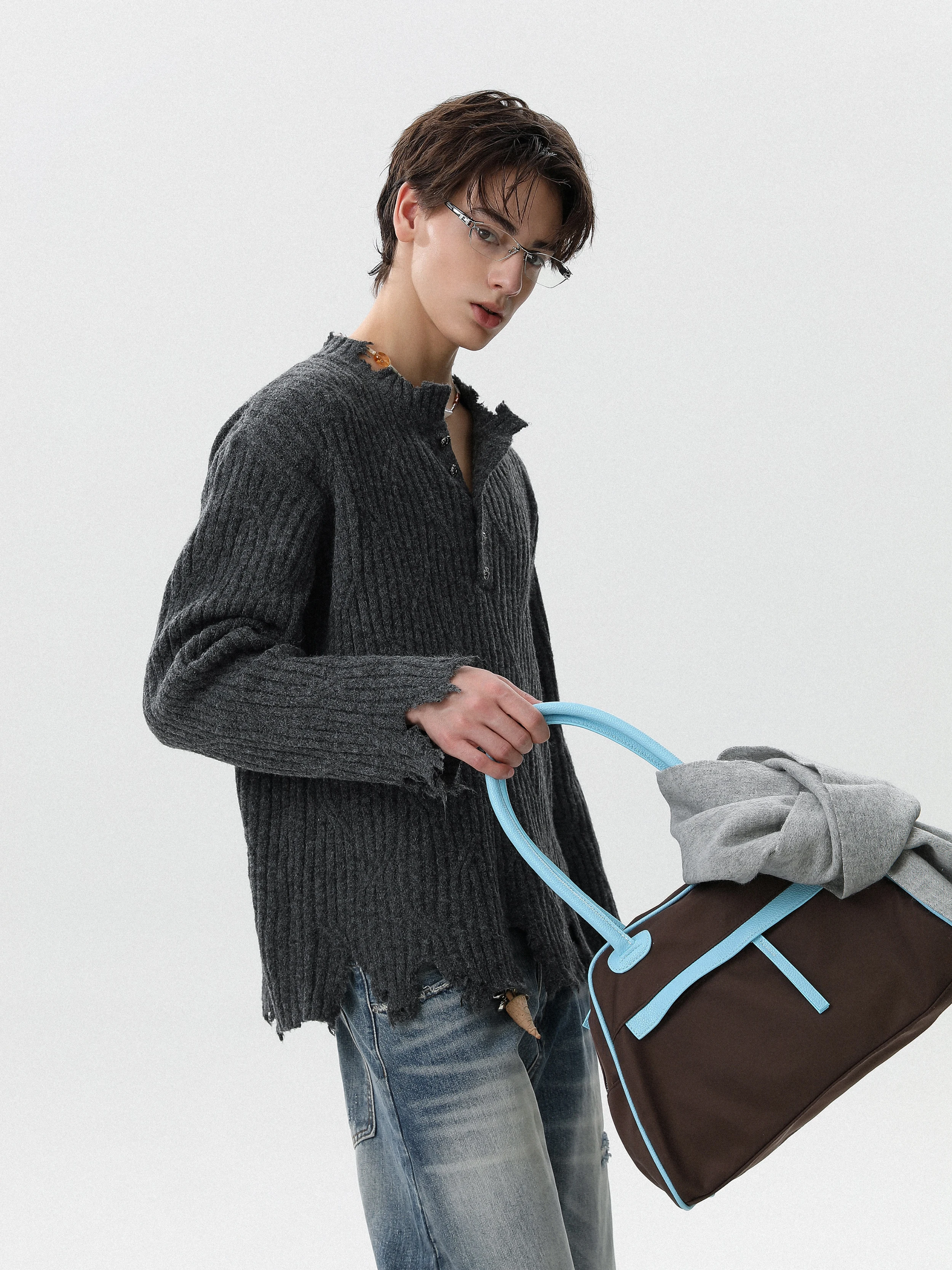 American Style Men's Knitted Sweater Henry Collar Destroyed Casual Loose Fit Long Sleeve Warm Soft Fabric Autumn Winter Fashion