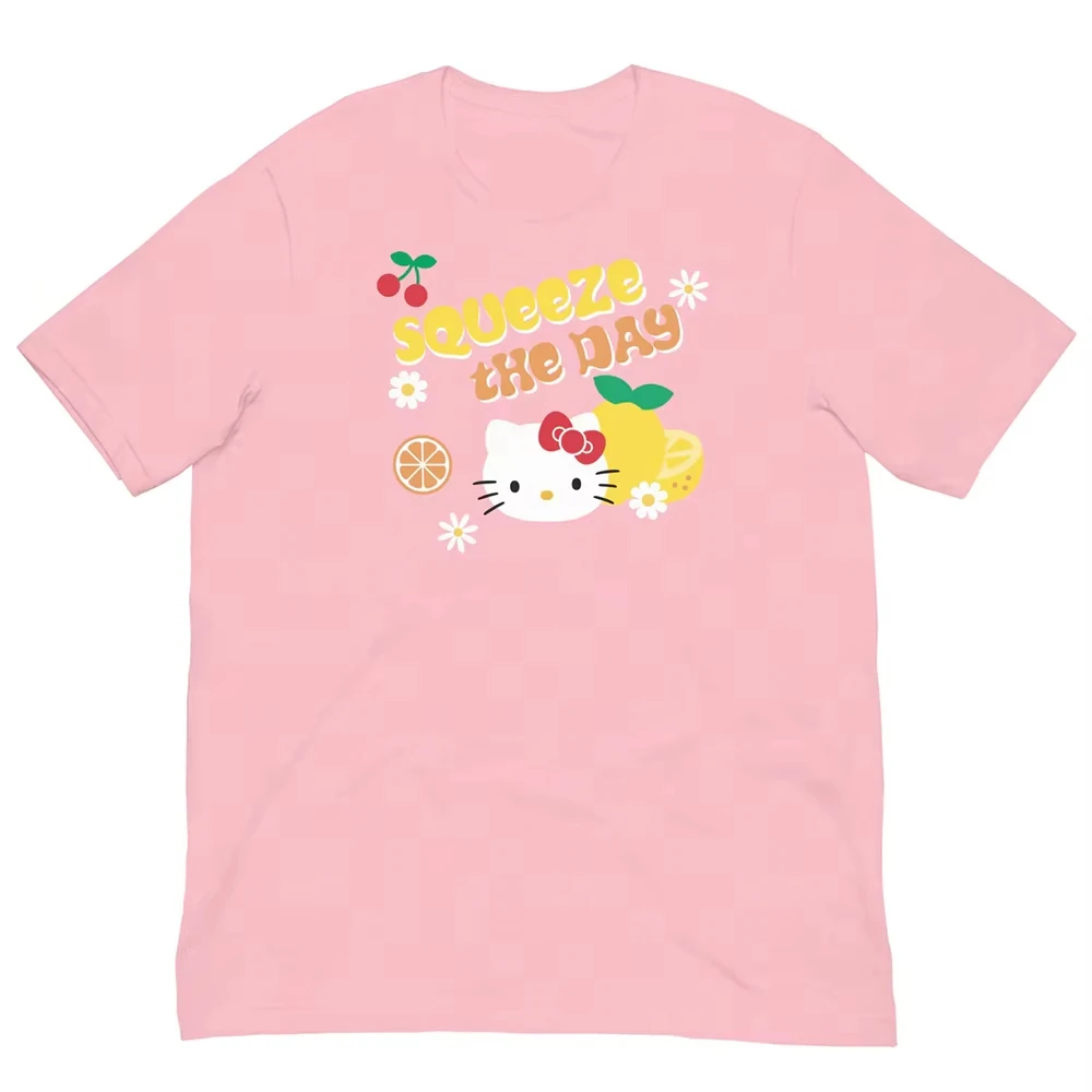 

2025 Summer New Sweet Fruit Hello Kitty Printed Short Sleeved Loose Casual Women's T-shirts Versatile for Women's Casual Tops