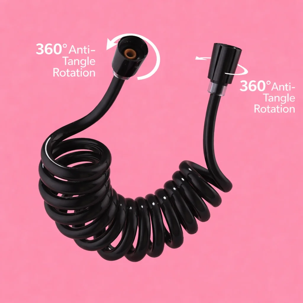 Black PU Coil Bidet Hose G1/2 Retractable Spring Shower Sprayer Pipe 360° Anti Tangle for Toilet Bathroom