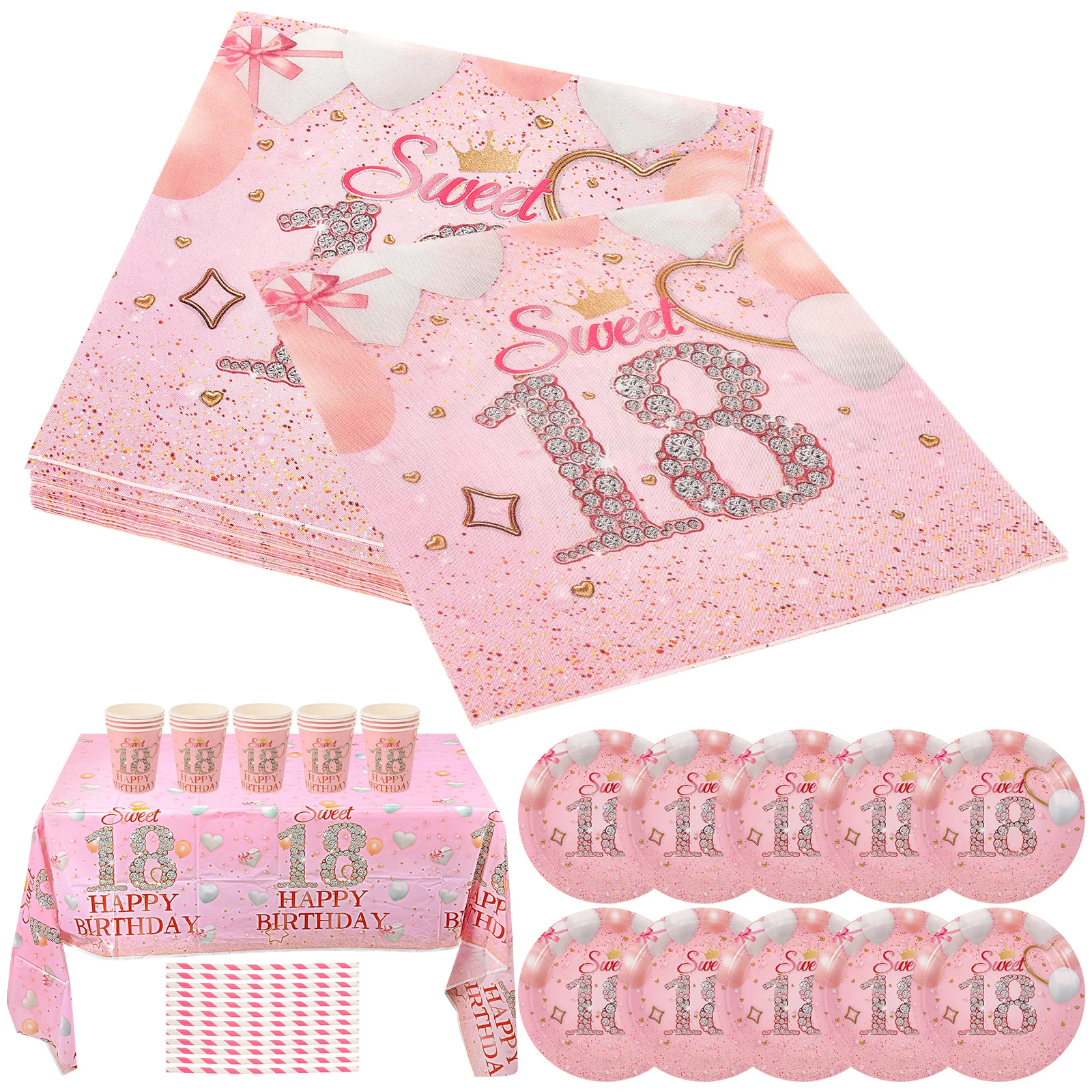 

1 set 1 Set 18Th Birthday Party Tableware Set Disposable Plates Cups Napkins Straws Tablecloth Thick Cartoon Design Adorable