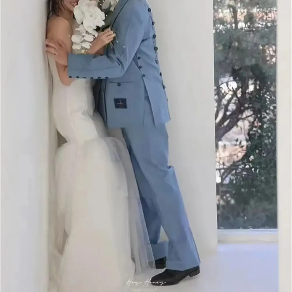 

Ranmo Elegant Satin Mermaid Korea Wedding Dress Off Shoulder Cape Photos Shoot Bride Dress Customized Corset Long Bridal Gown