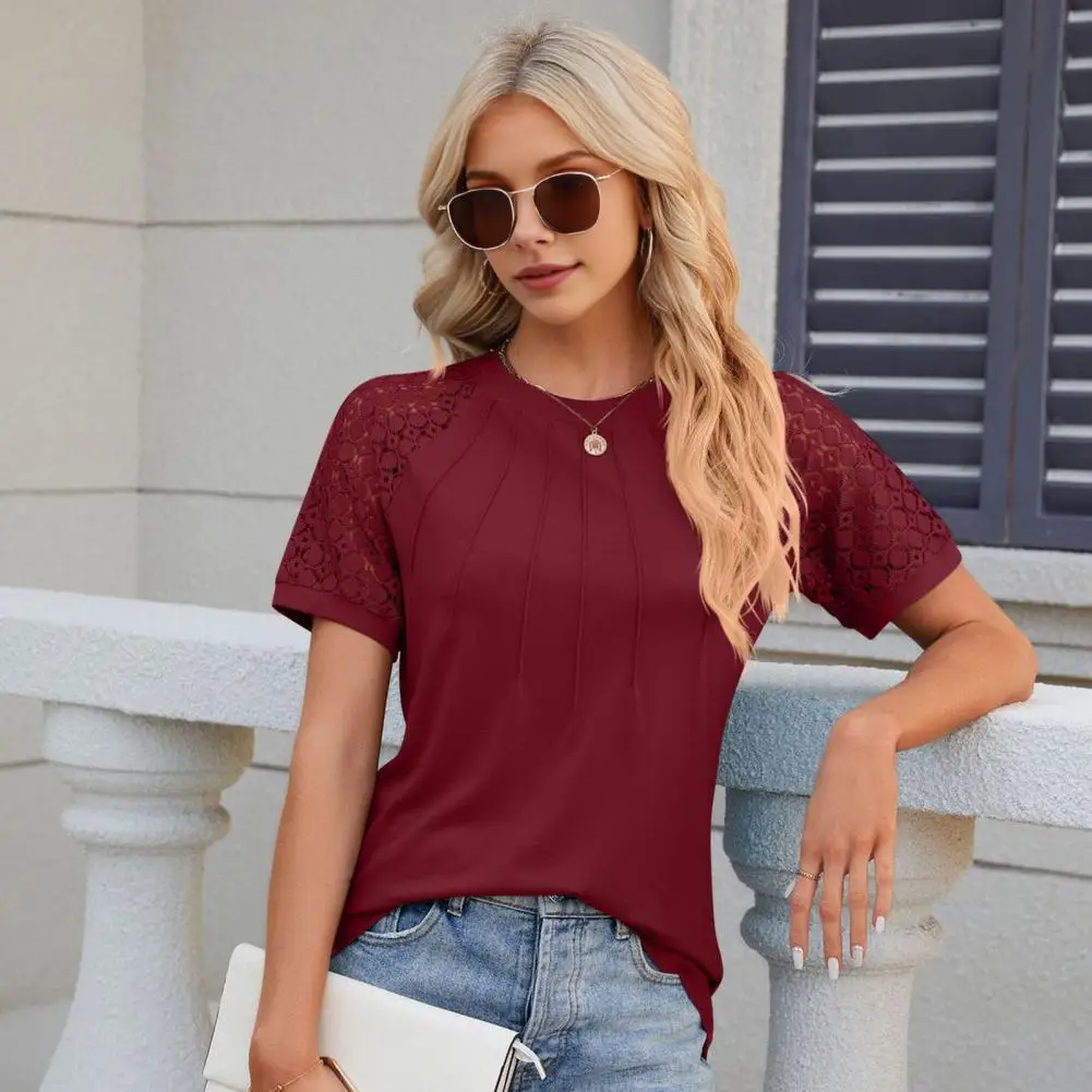 

Spring Summer Round Neck Tee Women T-shirt Stylish Women's Lace Splicing Tee Shirt Collection Casual Summer for Streetwear