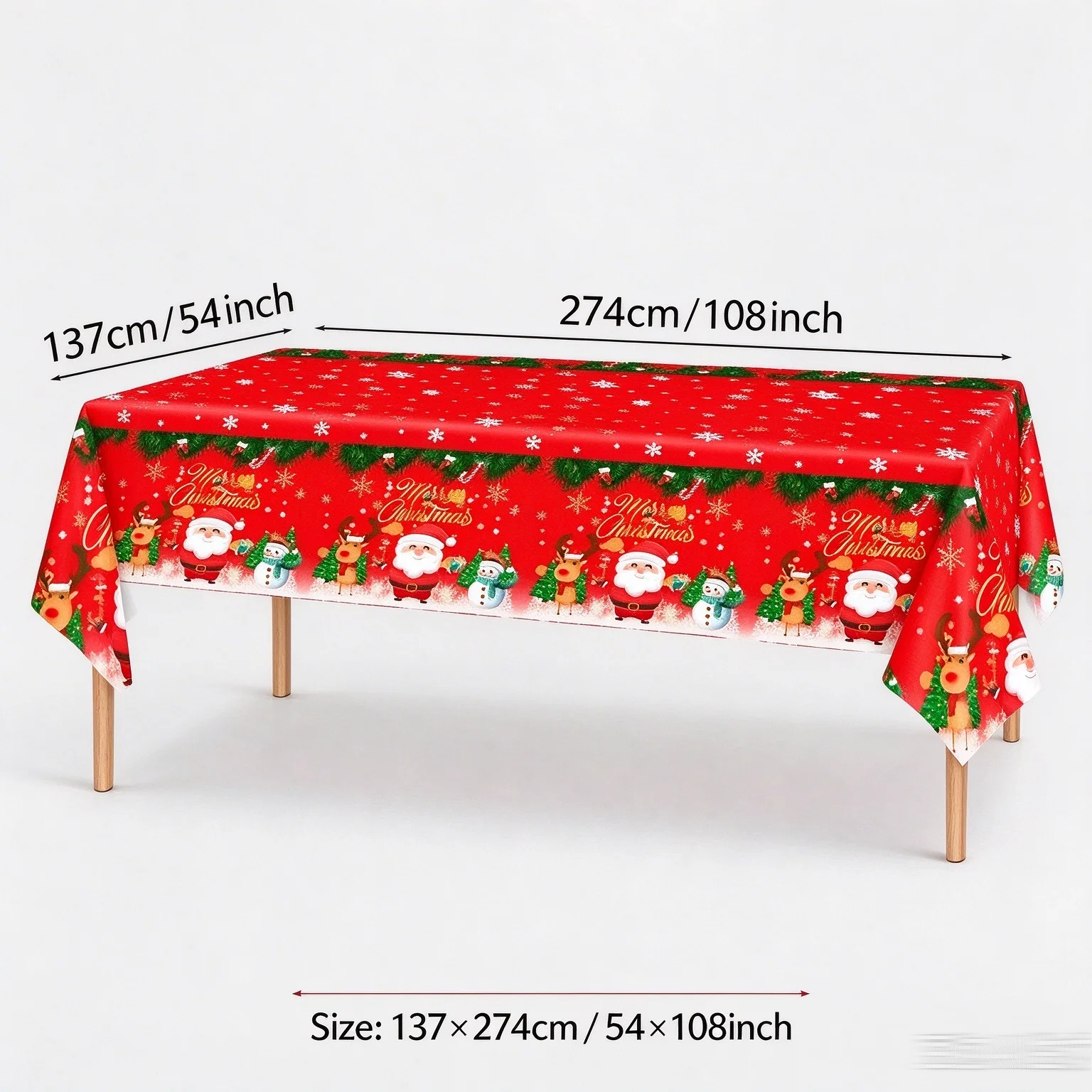 137×274cm Christmas Disposable Plastic Tablecloth Santa Snowman Elk Print Rectangular Table Cover for Xmas Holiday Party Home De