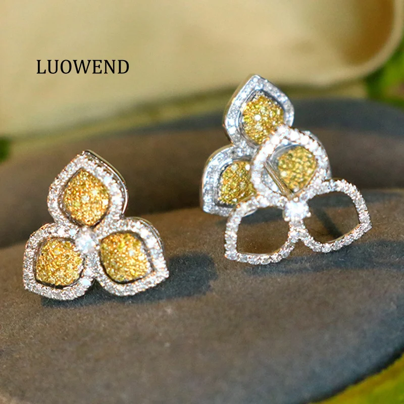 

LUOWEND 100% 18K White Gold Earrings Romantic Elegant Style Real Natural Yellow Diamond Stud Earrings for Women Fine Jewelry