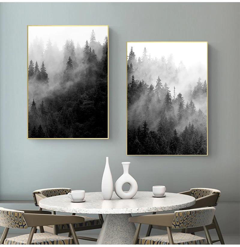 Nature Forest Black and White Tree Posters Foggy Forest Landscape Minimalist Wall Art Canvas Painting Posters for Home Decor