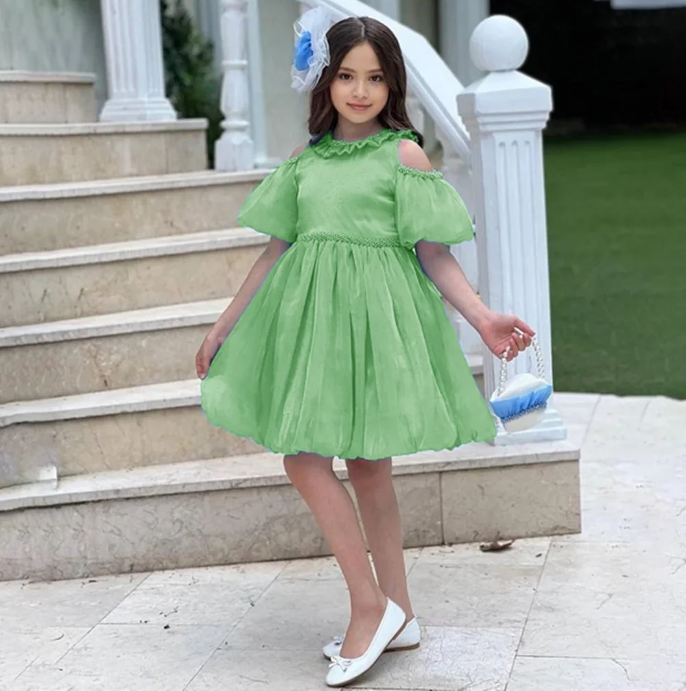 Robe de luxe à perles pour filles, épaules dénudées, manches courtes bouffantes, ligne A, robe à fleurs pour fête de mariage, longueur aux genoux, robe de première Communion, nouvelle collection
