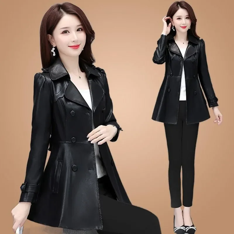 High-End Leather Jacket Women's Overcoat Spring Autumn 2024 New Korean Slim Belt All-Match Double-Breasted Leather Coat Tops