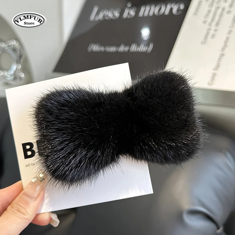 Luxury Real Mink Fur Hair Larg Bowknot Hairpin Side Clip Net Red Cute Olush Fur Headdress Shiny Hair Scratch Accessories Gifts