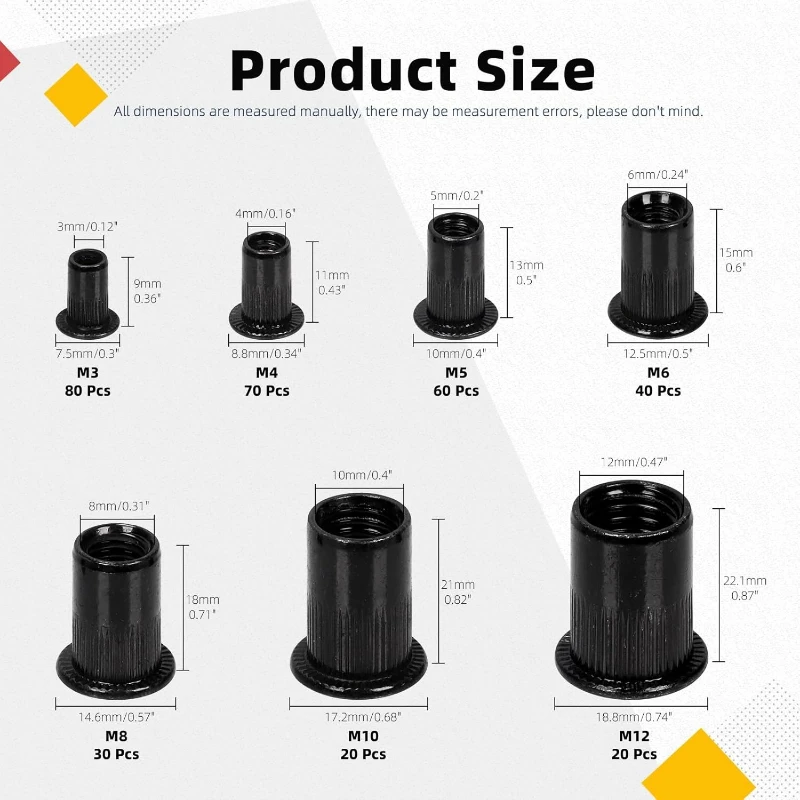 320pcs Flat Rivet Nut M3 M4 M5 M6 M8 M10 M12 Black Carbon Steel Flat Head Threaded Rivet Insert Nutsert Cap Rivets Nuts