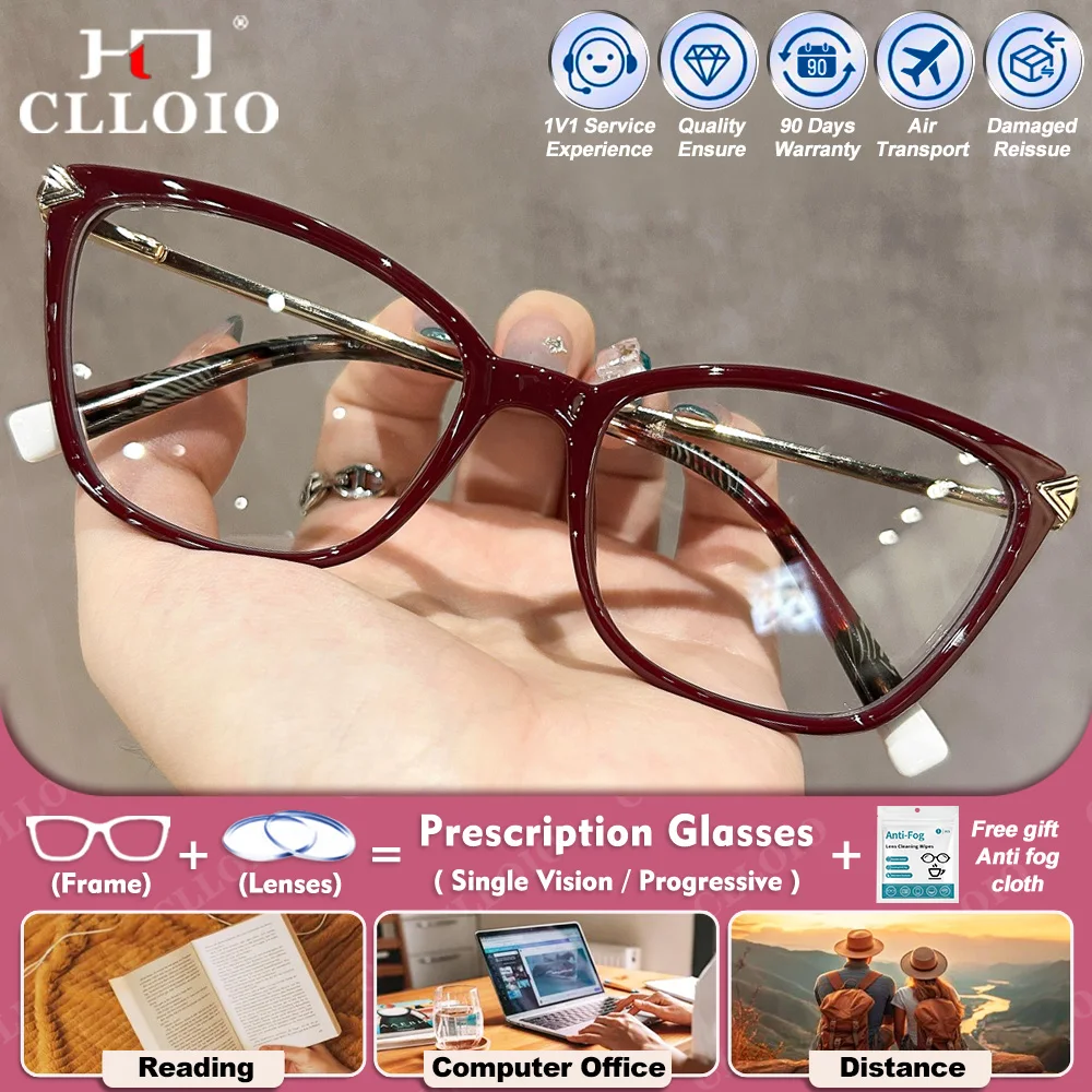 

CLLOIO Fashion Christmas Style Decorate Cat Eye Eyesses Frame Women Anti Blue Light Myopia Computer Prescription Reading Glasses
