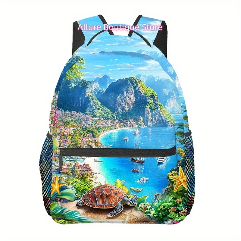 Large Capacity Sea Turtle & Beach Landscape Backpack - Adjustable Strap, Multiple Compartments, Lightweight Polyester Lining, Id