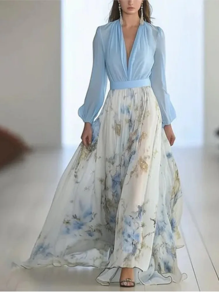 Eleganckie sukienki maxi z kwiatowym nadrukiem i patchworkiem, seksowny dekolt w serek, wysoki stan, długa szata, jesienne bufiaste rękawy, luźne sukienki w stylu boho.