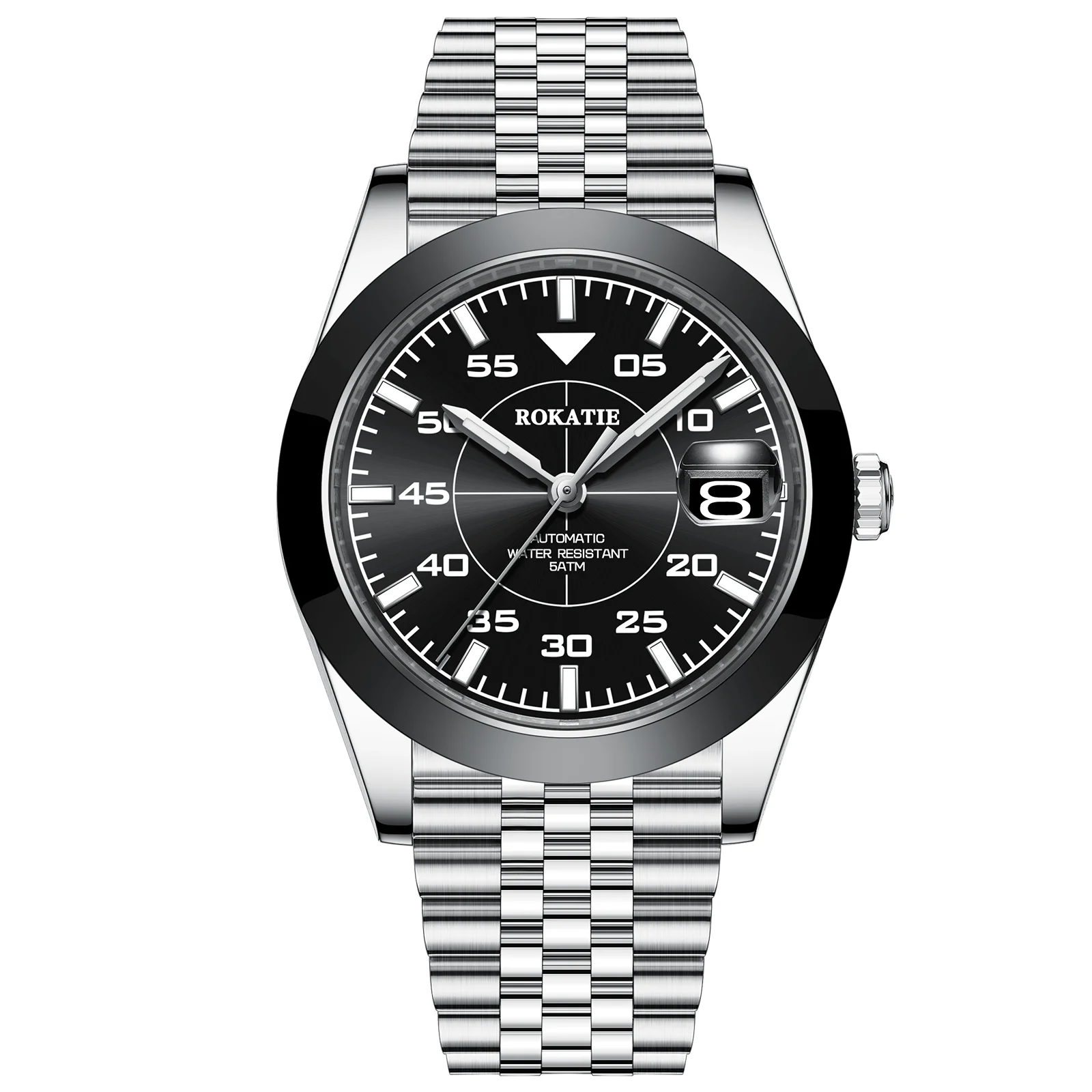 ROKATIE Jam Tangan Mekanis Jam Tangan Otomatis Pergerakan 316L NH35 Baja Tahan Karat Tepi Keramik Jam Tangan Mewah Tali Baja Kaca Safir