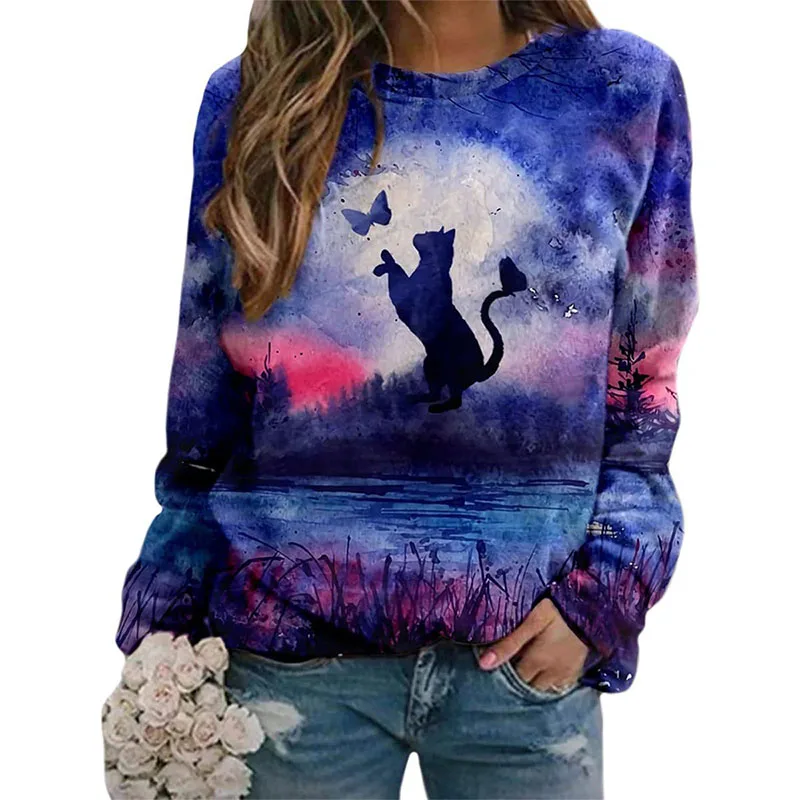 Cute Cat Floral Sweatshirts Flower 3D Print Women New O-Neck Hoodies Casual Streetwear Y2k Pullovers Harajuku Top Woman Clothing