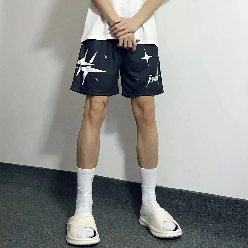 American Basketball Sports Shorts Men Trend Y2k Street Loose Pentagram Print Knee-length Pants Fitness Breathable Casual Pants