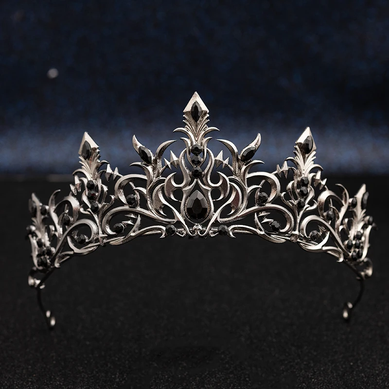 القوطية الأسود معدن الأزرق كريستال تيارا تاج حجر الراين خوذة للعروس النساء الفتيات الزفاف حفلة عيد ميلاد حفلة موسيقية عرض مسرحي Pa