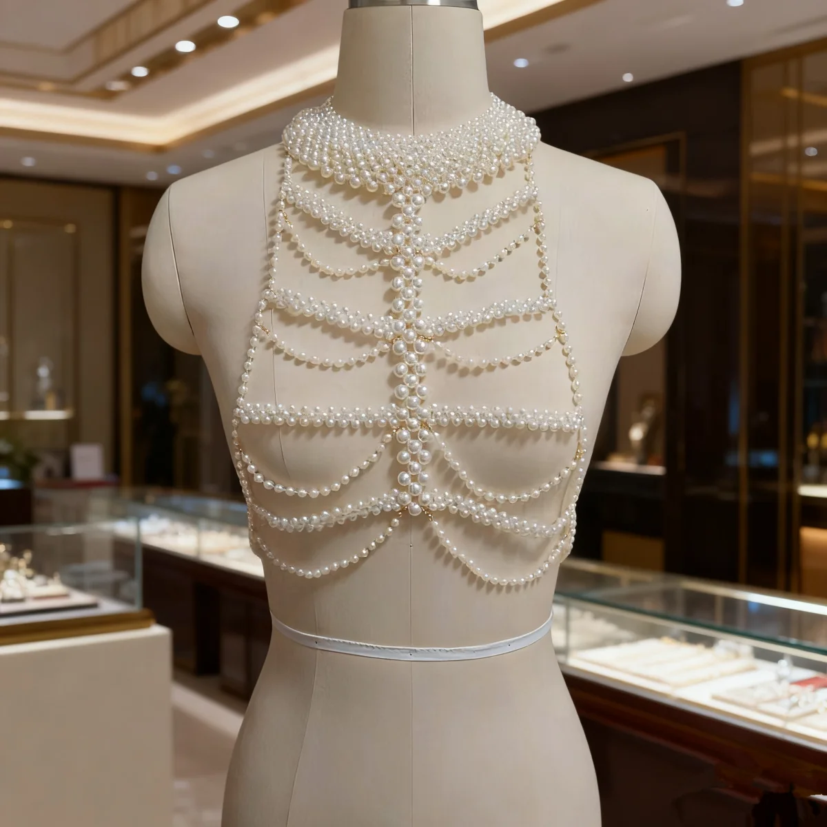 

European And American Style Wedding Dress Body Chain Accessory with Trendy Pearl Simulation Fashionable Bridal Wear Front Chest