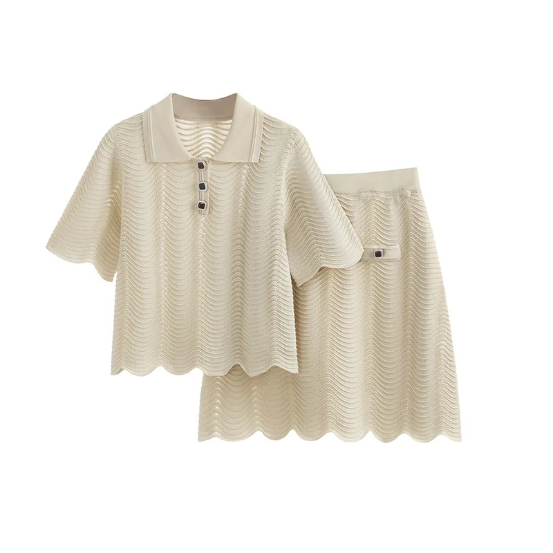Dames kaki kleur uitgehold gebreid 2-delig set Polohals T-shirt met korte mouwen + hoge taille omwikkelde heuprok casual set