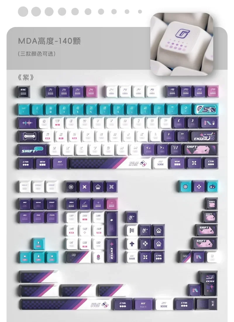 

Purple Gaming Theme Keycaps 140 Key Side Engraved PC+PBT Keycap Cherry/mda Profile Key Caps for Mechanical Keyboard Accessories