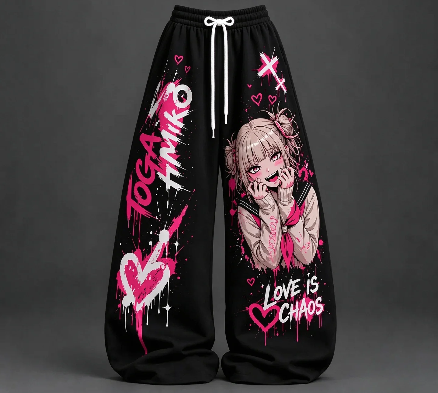 Punk Slogan Heart Character Baggy Trousers, Light Silky Drawstring Pants for Coastal Hike & Alternative Art Enthusiasts