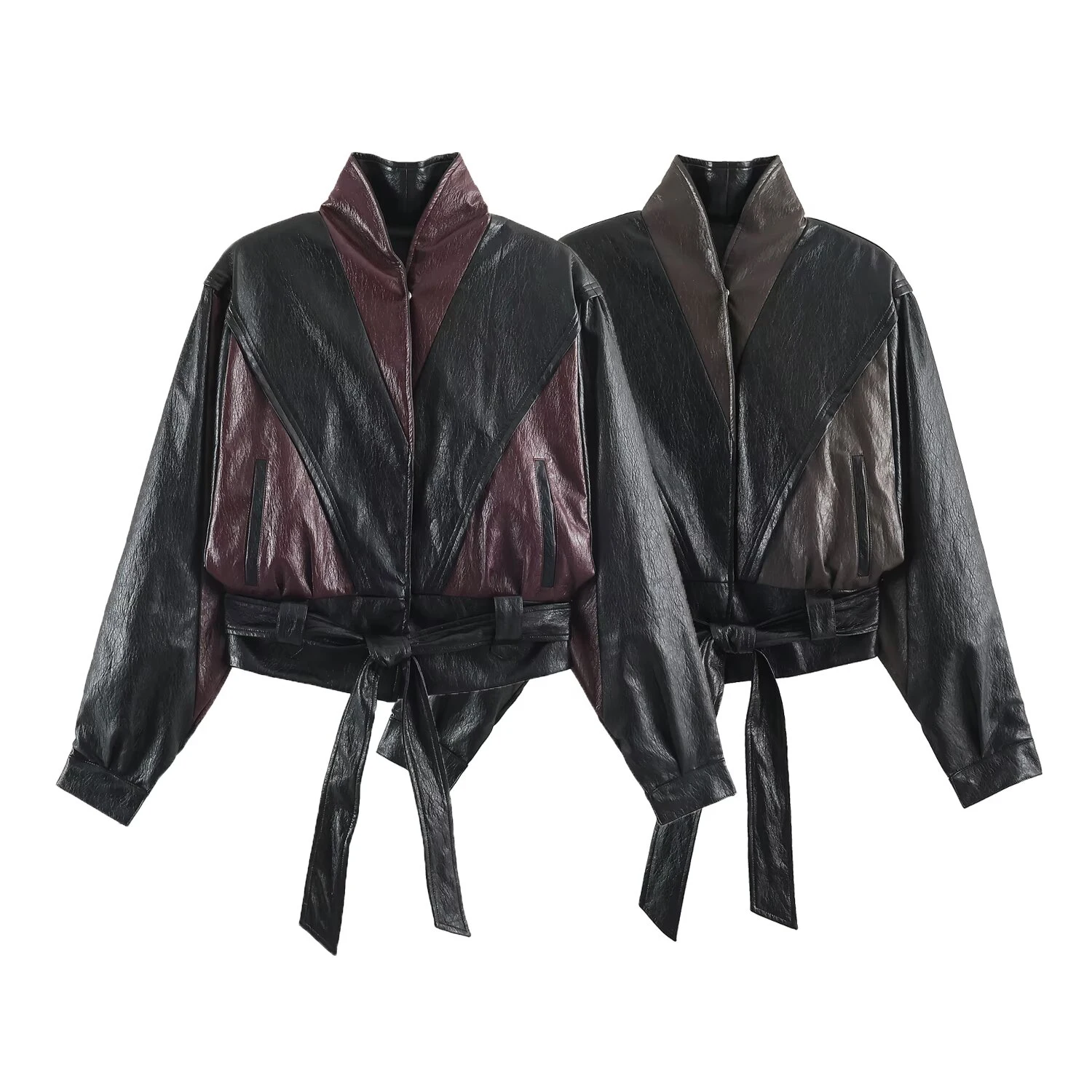 2026 autumn new women's clothing simple stand up collar long sleeved leather effect waistband jacket jacket