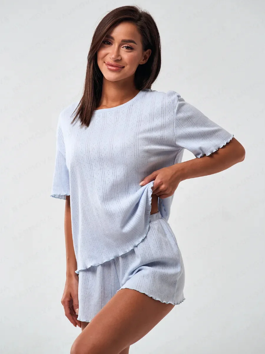 

Женский дышащий пижамный комплект из 2 предметов, топ с короткими рукавами и шорты с отделкой оборками, свободная повседневная одежда, мягкая уютная одежда для сна, пижамы