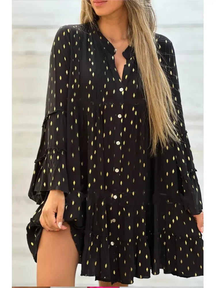 New Women\'s Printed Gold Pressed Pleated Shirt Splicing Dress Spring Autumn Fashion Maxi Swing Loose Elegant Female Shirt Dreses