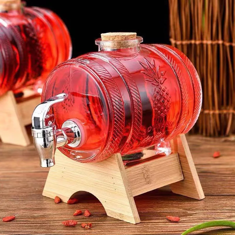 

1L Glass Whiskey Barrel Wine Barrel Beer Bottle Fruit Aging Alcohol Honey Storage Container With Base Faucet Bar Set