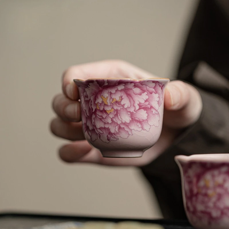Rosa Ru-Kiln-Pfingstrosenblüten-Tasse, Haushaltskeramik-Teetasse, Meistertasse, Teetasse, offenes Teil kann angehoben werden