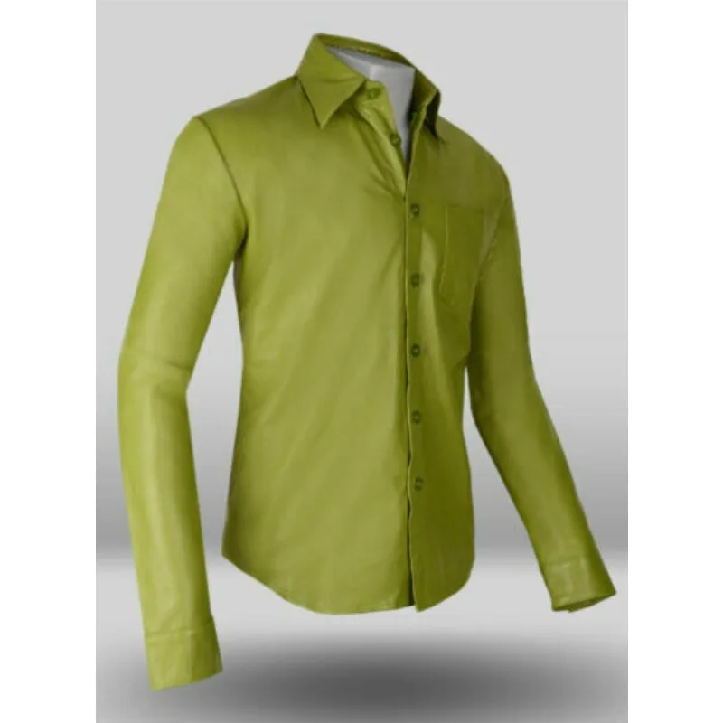 Men's Basic Green Leather Shirt Real Lambskin Soft Vintage Slim Fit Shirt European and American Fashion Trends