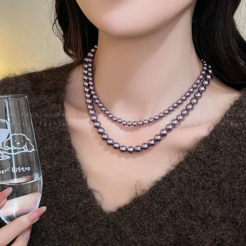 Vintage Light Luxury Plum Purple Glass Pearl Necklace Unique French Design Collarbone Chain for Women Premium Standard Length