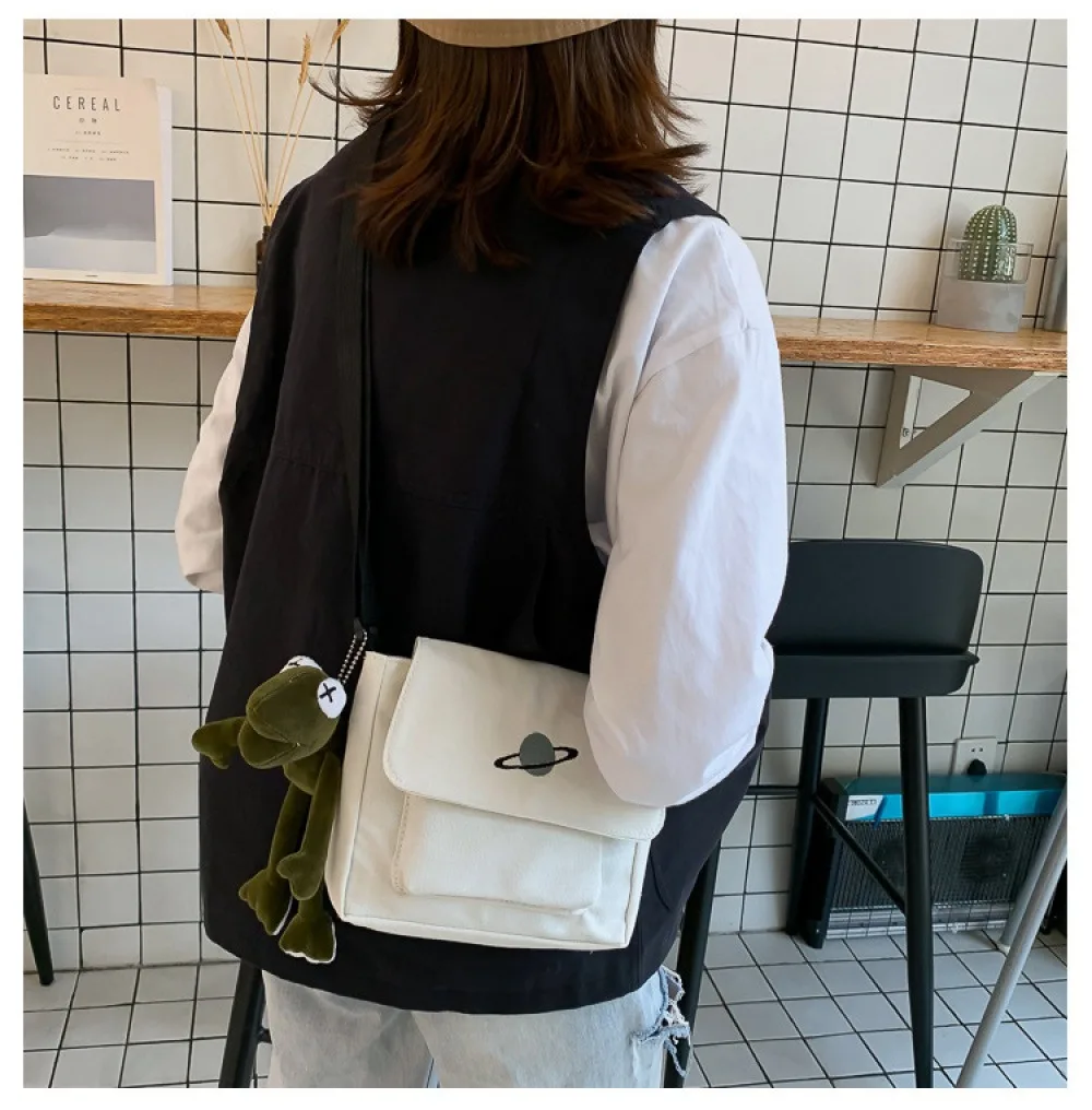 Simple Planet Embroidery Flap Canvas Crossbody Bag, Japanese Style Solid Lightweight Shoulder Bag for Students Daily Commute
