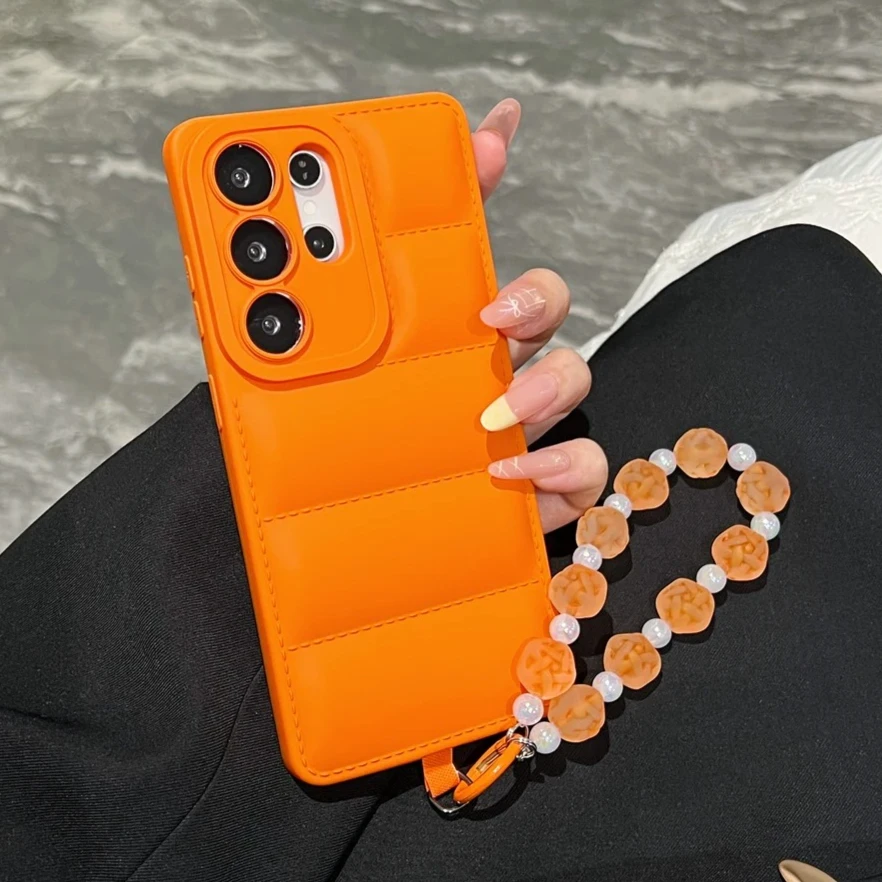 Candy Color Striped Phone Case with Beaded Wrist Strap Case For Samsung Galaxy S26 Ultra S23 S24 S25 Plus Shockproof Back Cover