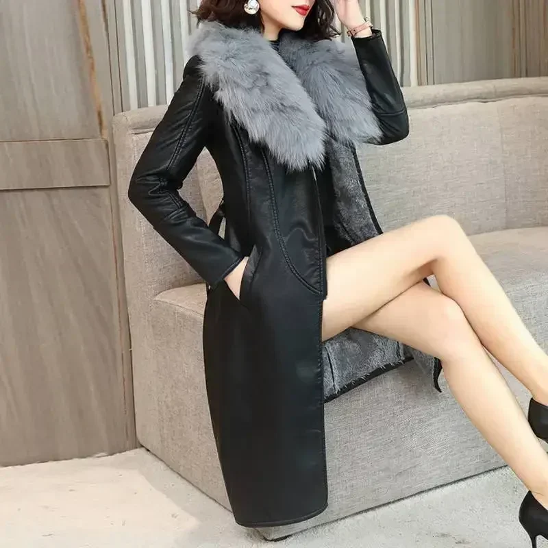 WTEMPO Large Fur Collar Winter Leather Jacket Women Plush Thickened Mid Length Korean Slimming Waist Closing Leather Jacket