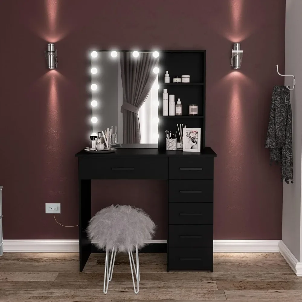 Modern dressing table with 6 drawers, additional lamp, handles, elegant dressing table with mirror and bedroom lamp, black