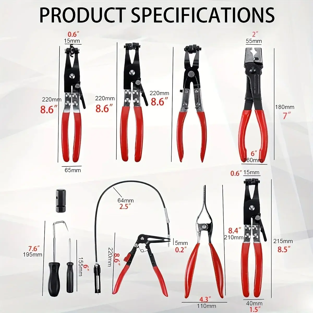 Red 9pcs Wire Long Reach Hose Clamp Pliers Set Fuel Oil Water Hose Auto Tools Hose Clamp Pliers for Fuel Oil & Water Hoses