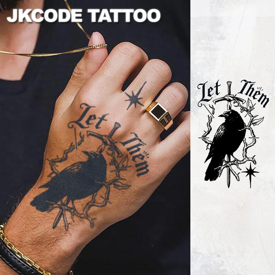 Waterproof Design Semi-Permanent Tattoos, Cool Style Crow & Thorn Branch Pattern - Fashionable English Tattoo for Men - Temporary Tattoo for Neck, Hand, and Fingers That Lasts for 15 Days