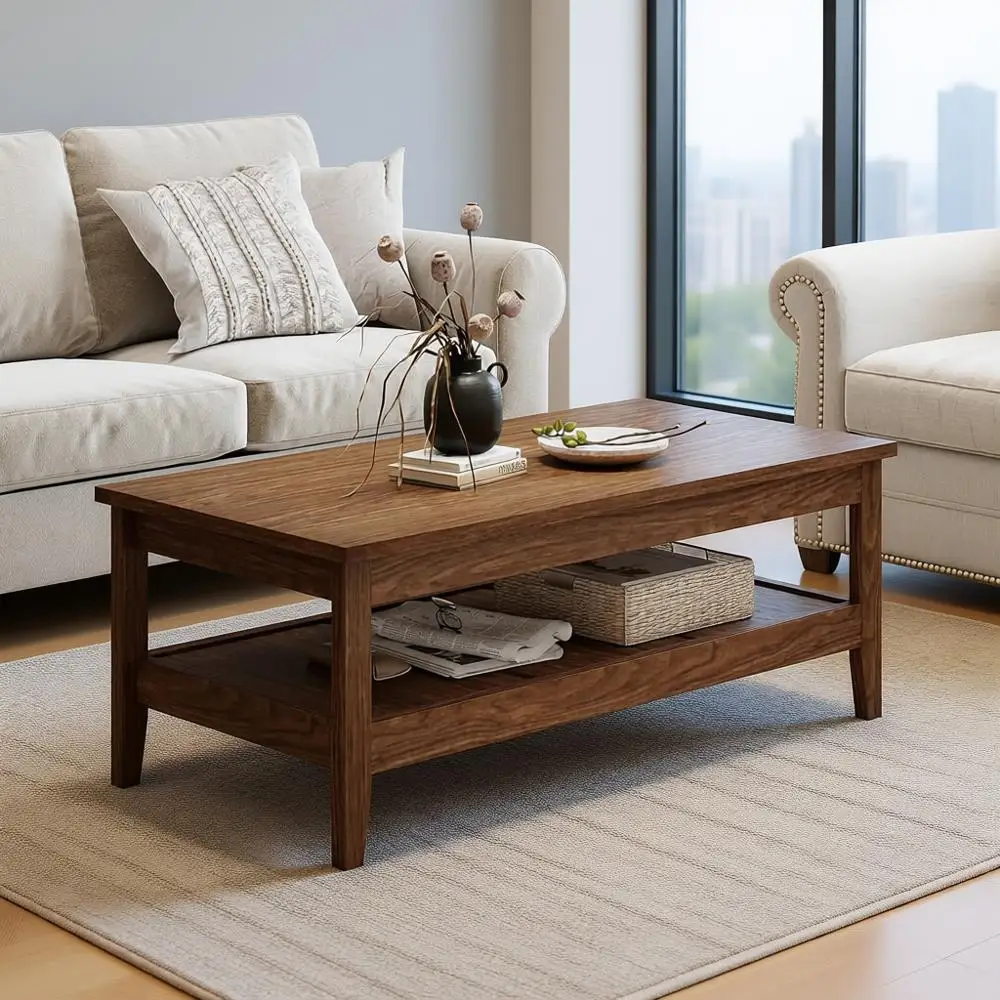 Vintage 2-Tier Walnut Coffee Table with Slatted Shelf for Mid-Century Modern Living Rooms