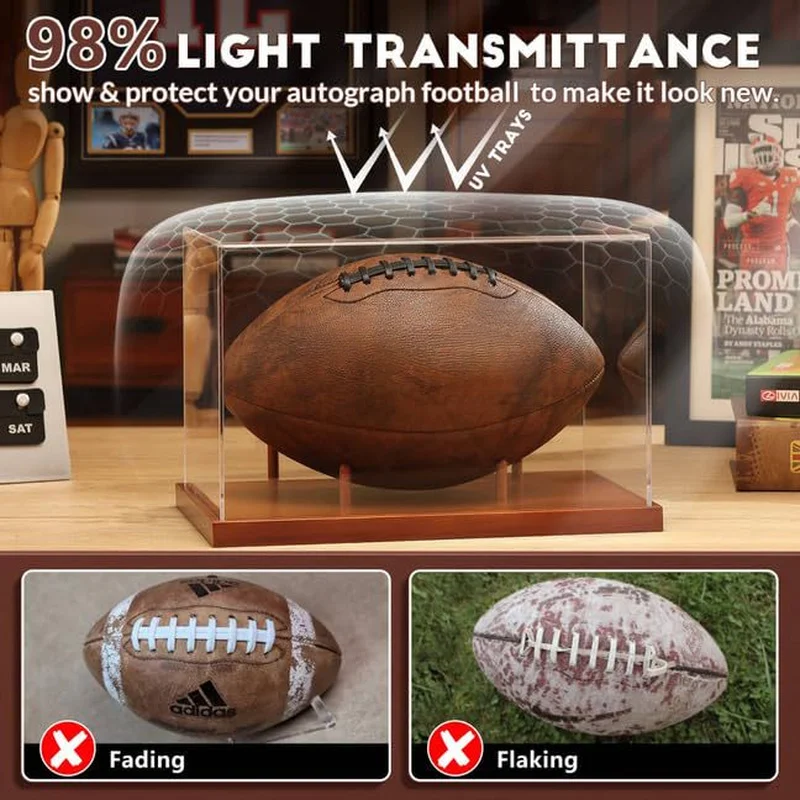 Acrylic Football Display Box, Clear Sports Ball Holder for Rugby, Basketball and Soccer, Dustproof Case for Memorabilia