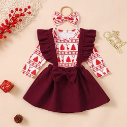 Infant Baby Girls Christmas Outfit Long Sleeve Tree Print Romper with Corduroy Suspender Dress and Headband Newborn Xmas Clothes